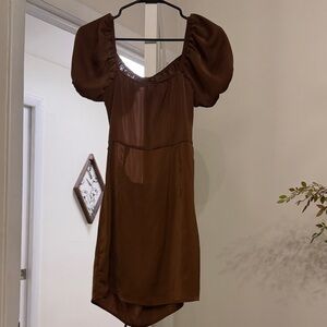 Brown Puff Sleeve Open Back Mini Dress